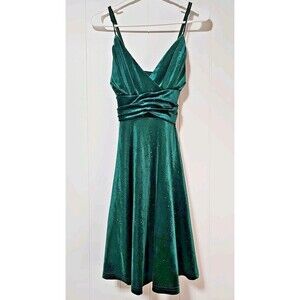 Velour Babydoll Dress Emerald Green Sparkles Fairycore HoCo Party Ruched Waist